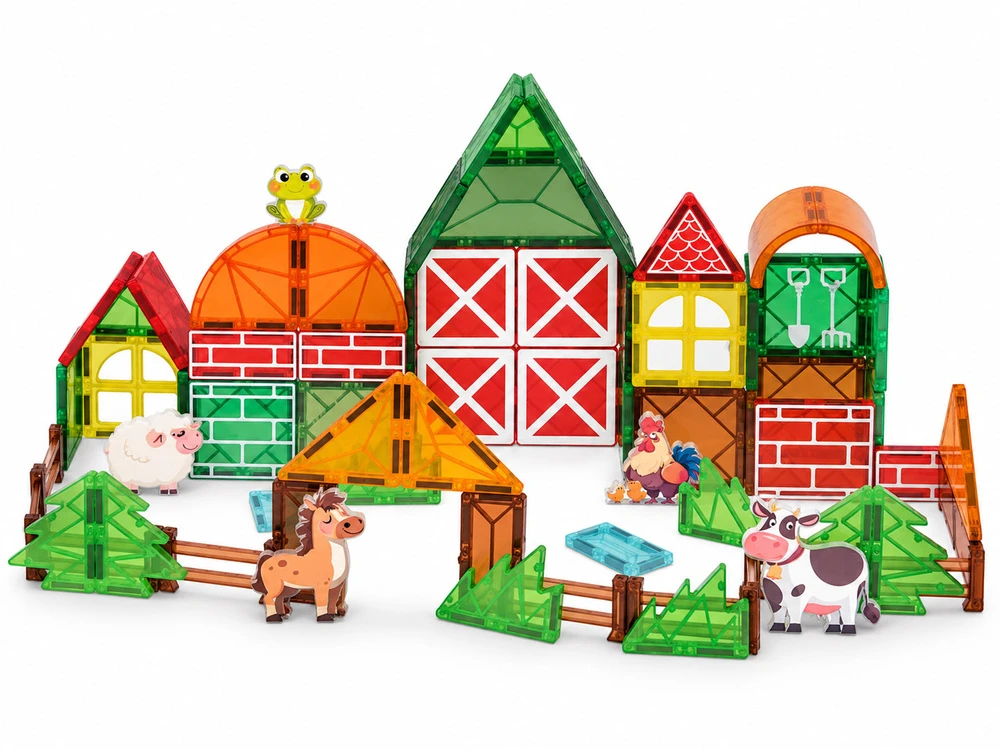 Jokomisiada FARM magnetinės kaladėlės 70 dalių – 5 gyvūnai, tvartas, tvoros, medžiai ZA 6385