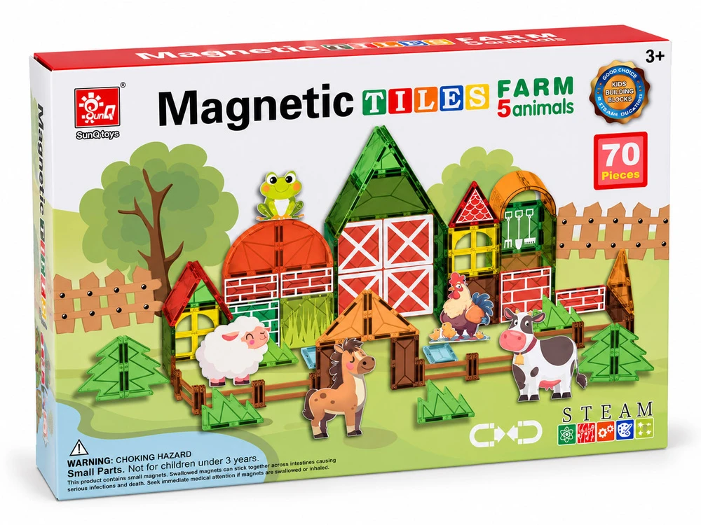 Jokomisiada FARM magnetinės kaladėlės 70 dalių – 5 gyvūnai, tvartas, tvoros, medžiai ZA 6385