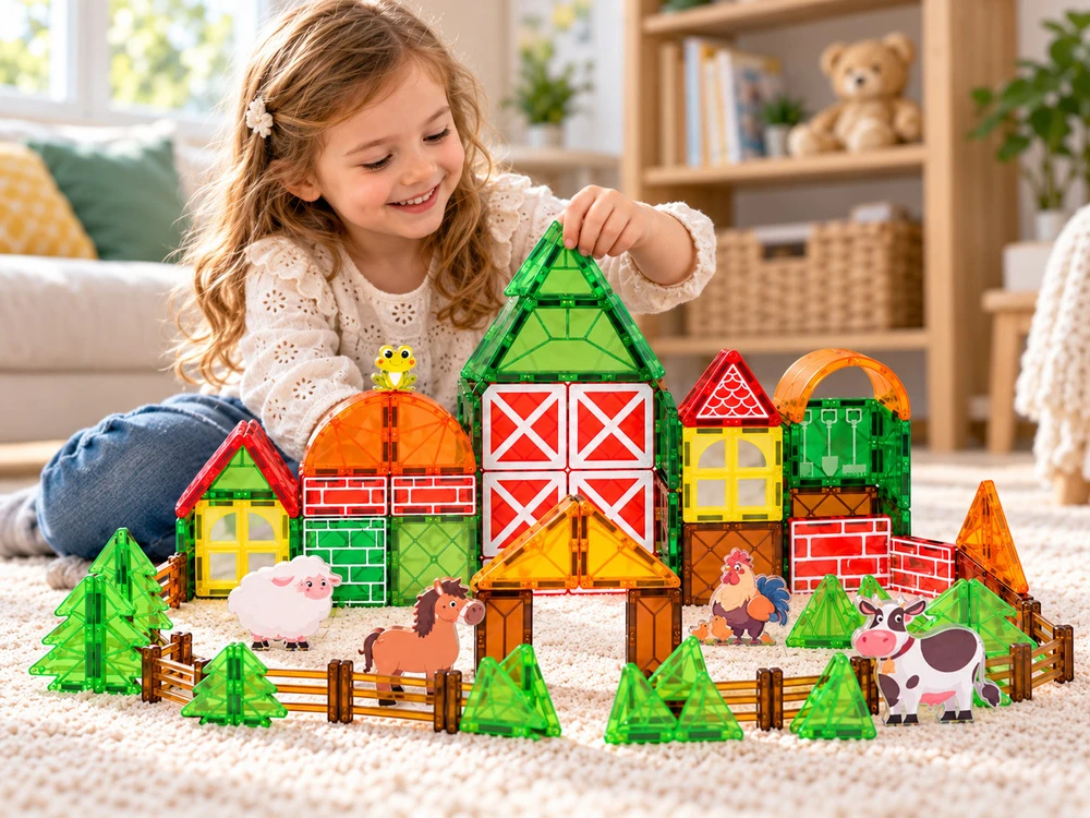 Jokomisiada FARM magnetinės kaladėlės 70 dalių – 5 gyvūnai, tvartas, tvoros, medžiai ZA 6385