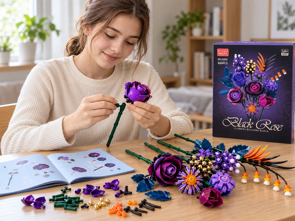 Jokomisiada Flower Blocks DARK ROSES violetinė bouquet of flowers 665pcs ZA6264