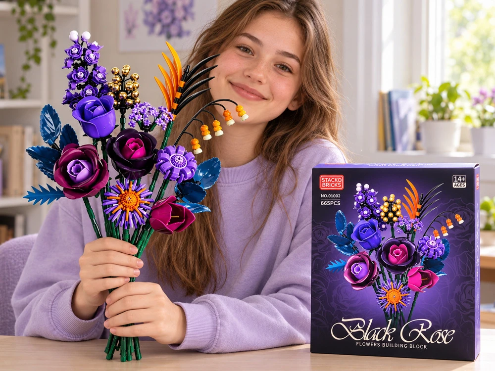 Jokomisiada Flower Blocks DARK ROSES violetinė bouquet of flowers 665pcs ZA6264