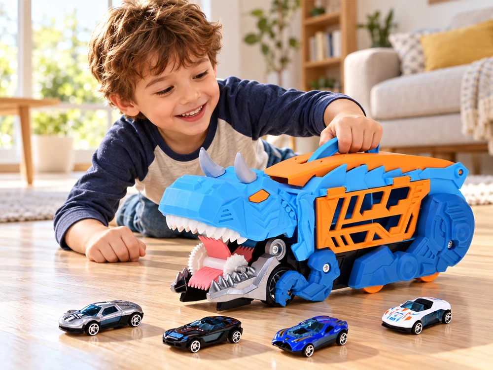 Jokomisiada Foldable car 2 in 1 DINOSAUR garage eats vehicles + signs and springs ZA6595