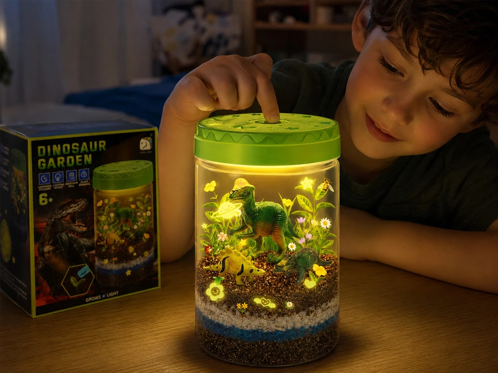 Jokomisiada Illuminated DINOSAUR GARDEN 3-in-1 terrarium, lamp, DIY plant cultivation ZA6567