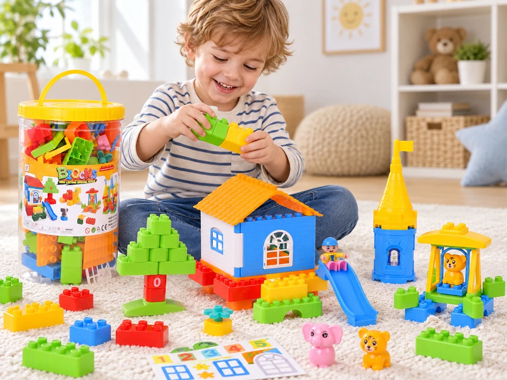 Jokomisiada LARGE plastikas blocks 94 pieces in a container with a handle + figures ZA6429