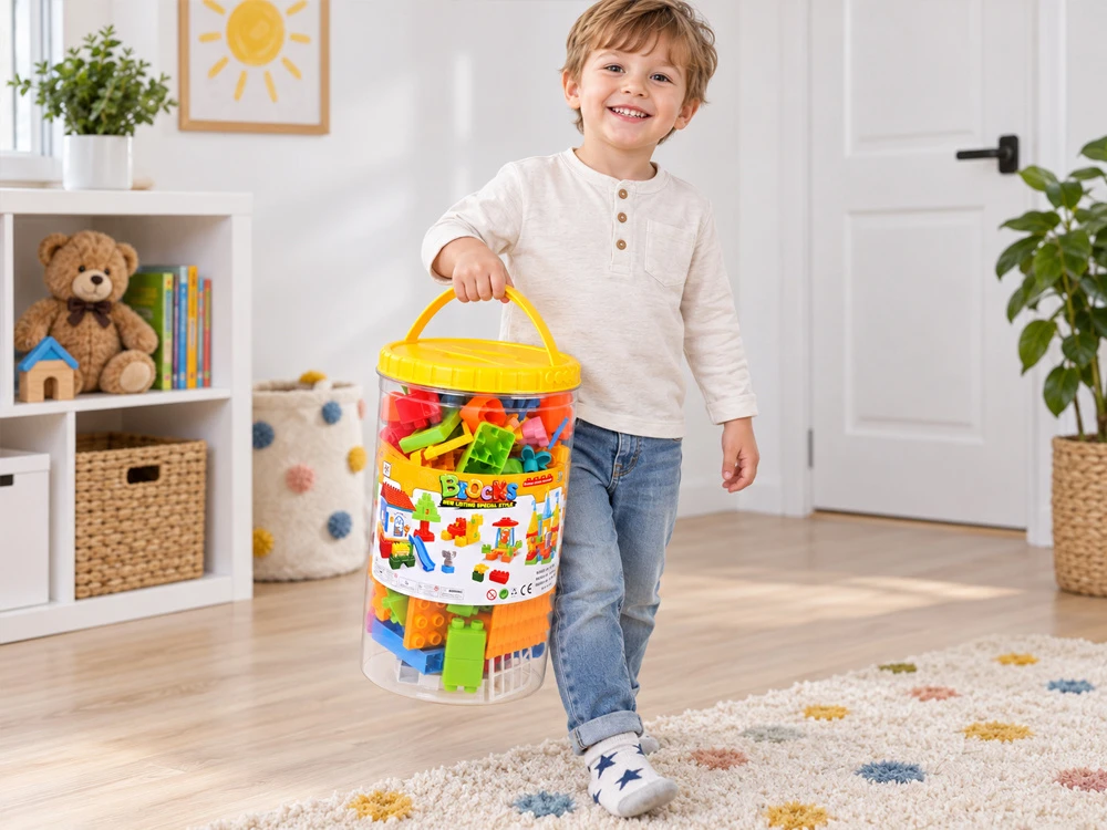 Jokomisiada LARGE plastikas blocks 94 pieces in a container with a handle + figures ZA6429