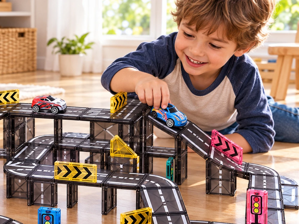 Jokomisiada Magnetic blocks CAR TRACK 168 pieces + 4 cars and road signs ZA6446