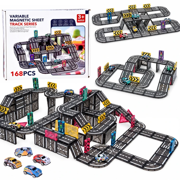 Jokomisiada Magnetic blocks CAR TRACK 168 pieces + 4 cars and road signs ZA6446