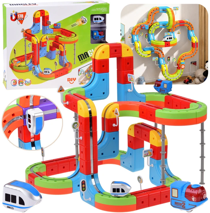 Jokomisiada MAGNETIC BLOCKS Magnetic track for trains - 178pcs DIY train ZA6331