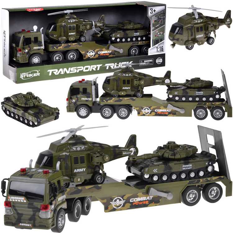 Jokomisiada Military Transport Truck Set – Army Tank, Helicopter & Truck with Friction Power, Lights and Sounds