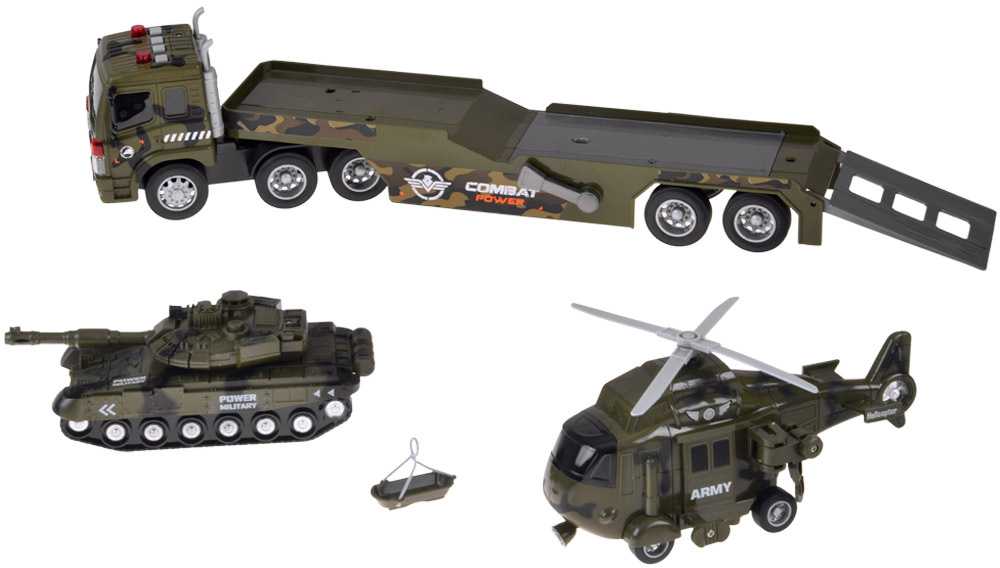 Jokomisiada Military Transport Truck Set – Army Tank, Helicopter & Truck with Friction Power, Lights and Sounds