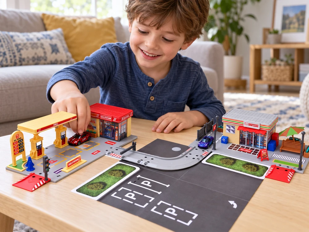 Jokomisiada Petrol Station Playset with Shop, Road, Parking Area and 2 Toy Cars ZA6282