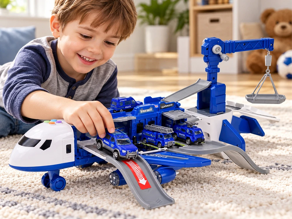 Jokomisiada Police Airplane with Parking Garage, Crane and 4 Toy Cars, Lights and Sounds ZA6561