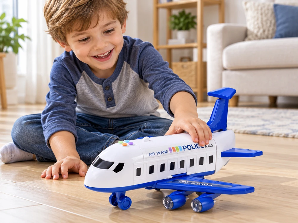 Jokomisiada Police Airplane with Parking Garage, Crane and 4 Toy Cars, Lights and Sounds ZA6561