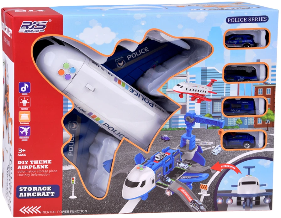 Jokomisiada Police Airplane with Parking Garage, Crane and 4 Toy Cars, Lights and Sounds ZA6561