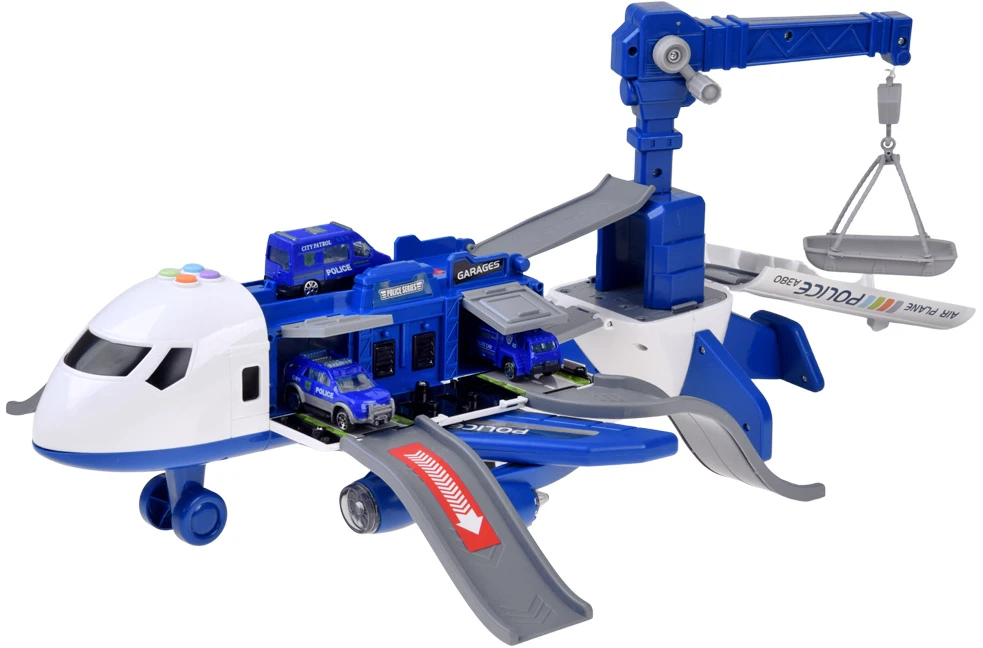 Jokomisiada Police Airplane with Parking Garage, Crane and 4 Toy Cars, Lights and Sounds ZA6561