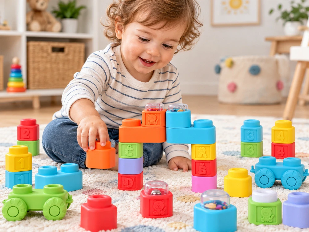 Jokomisiada Rubber blocks 3 in 1 - soft, sensory, sound, light 32 pieces ZA6435