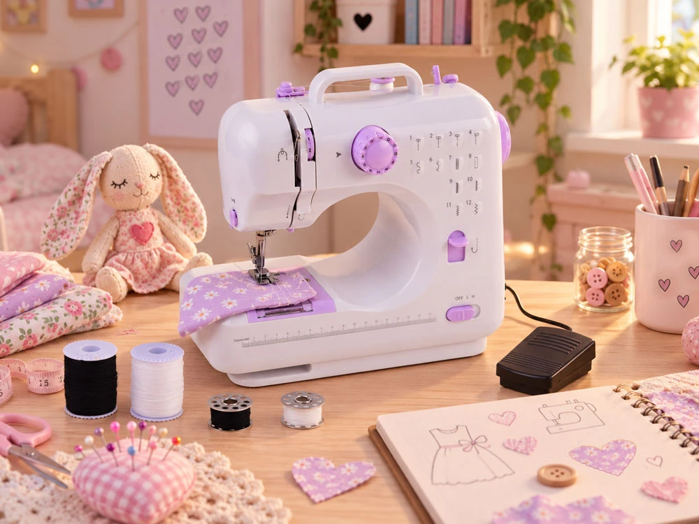 Jokomisiada Sewing Machine for Children 12 Stitches Foot Pedal Power Adapteris LED ZA6432