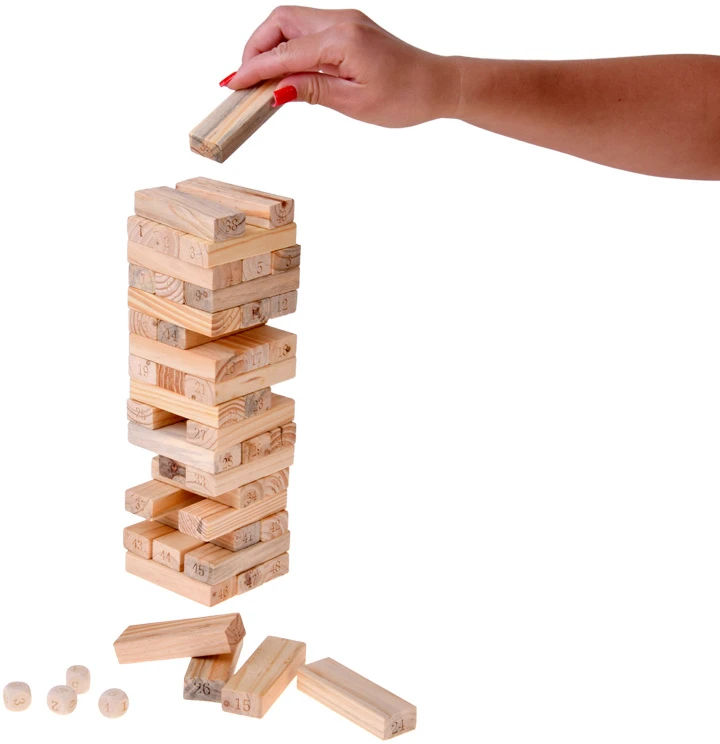 Jokomisiada Skill game: A wobbly tower of blocks + 4 wooden dice ZA6294