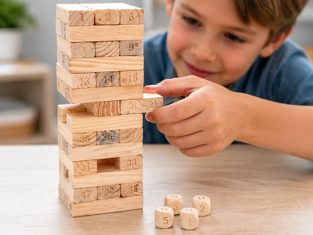 Jokomisiada Skill game: A wobbly tower of blocks + 4 wooden dice ZA6294