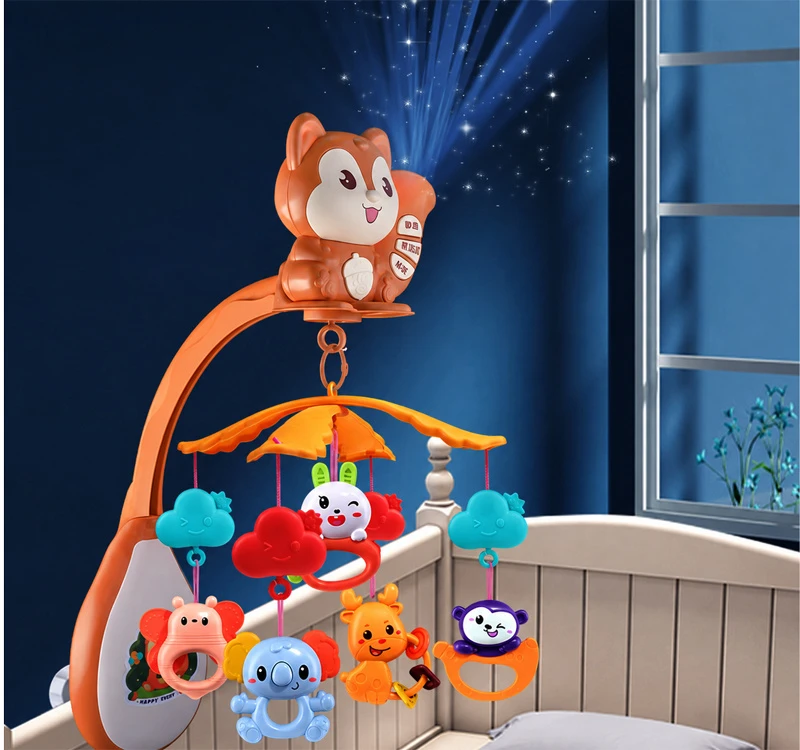 Jokomisiada Squirrel Cot Mobile with Projektorius, Music, Remote Control and Hanging Toys ZA6271