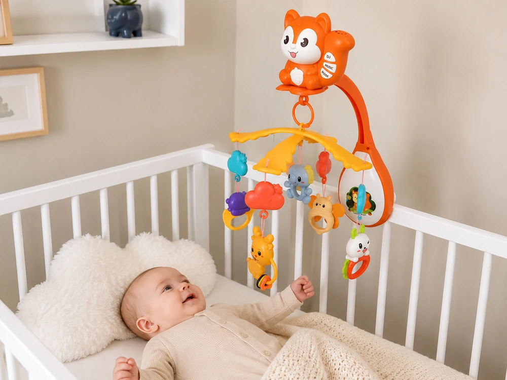 Jokomisiada Squirrel Cot Mobile with Projektorius, Music, Remote Control and Hanging Toys ZA6271