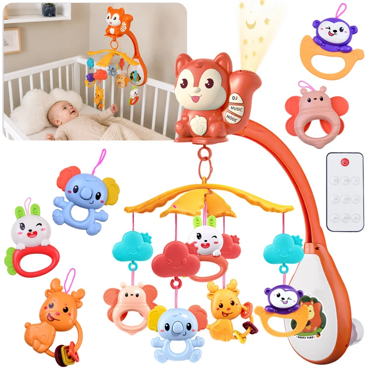Jokomisiada Squirrel Cot Mobile with Projektorius, Music, Remote Control and Hanging Toys ZA6271