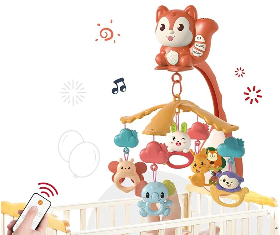 Jokomisiada Squirrel Cot Mobile with Projektorius, Music, Remote Control and Hanging Toys ZA6271