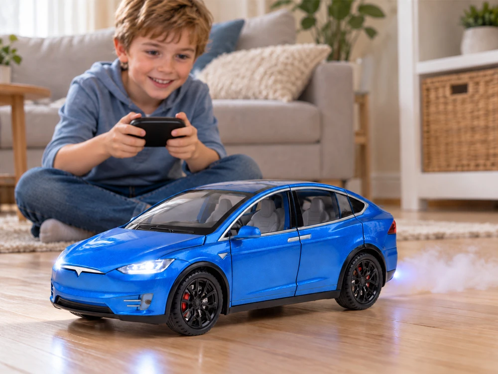 Jokomisiada Tesla Model X RC 1:22 Die-Cast Remote-Controlled Car with LED Lights and Smoke Effect RC0772