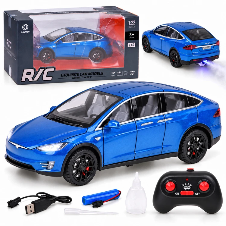 Jokomisiada Tesla Model X RC 1:22 Die-Cast Remote-Controlled Car with LED Lights and Smoke Effect RC0772