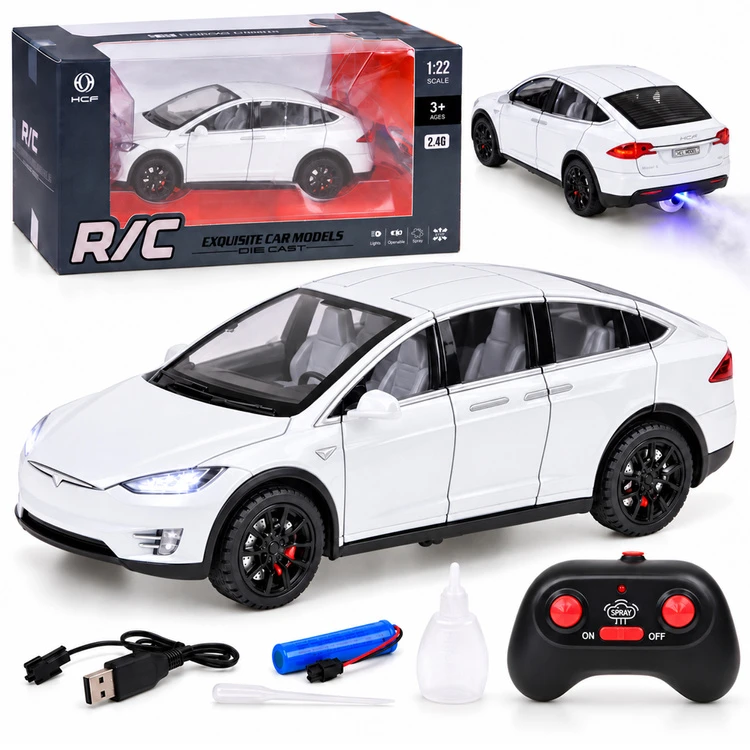 Jokomisiada Tesla Model X RC 1:22 Die-Cast Remote-Controlled Car with LED Lights and Smoke Effect RC0772