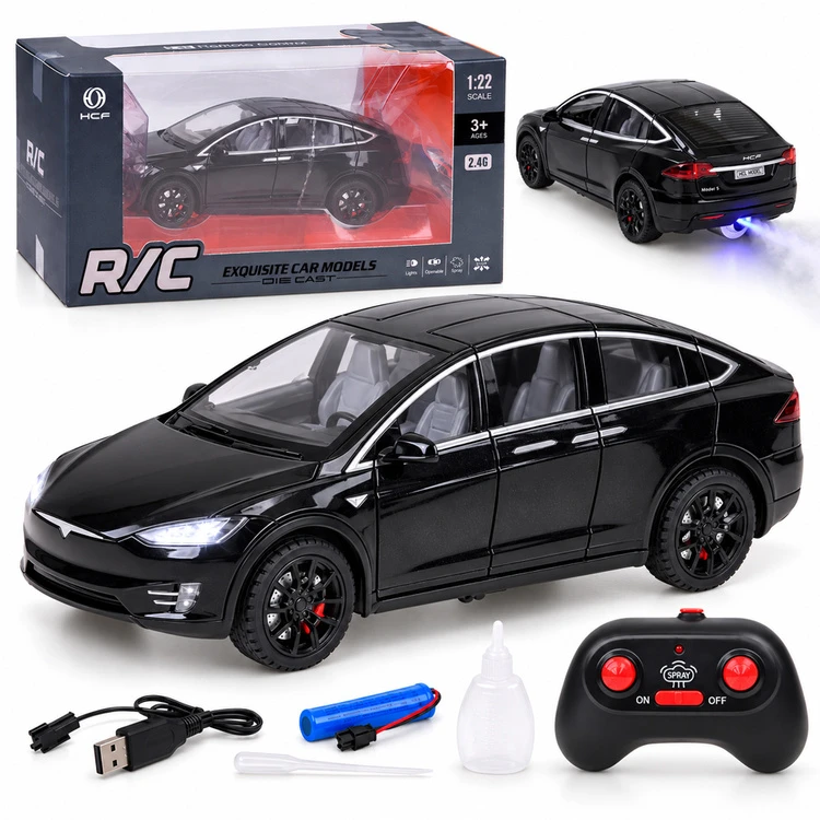 Jokomisiada Tesla Model X RC 1:22 Die-Cast Remote-Controlled Car with LED Lights and Smoke Effect RC0772