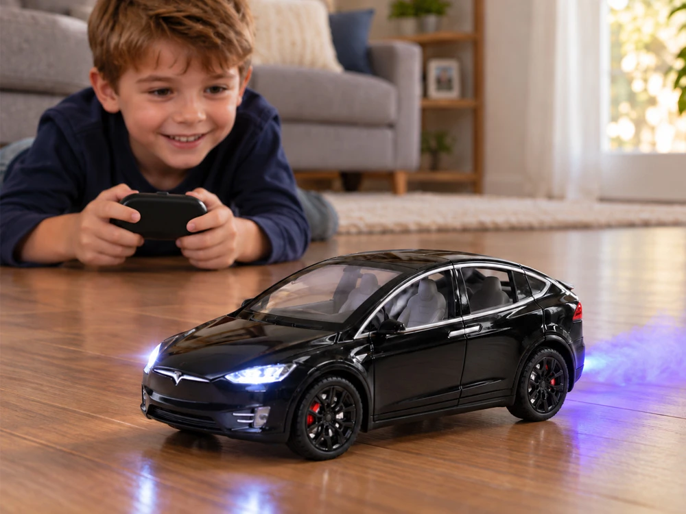 Jokomisiada Tesla Model X RC 1:22 Die-Cast Remote-Controlled Car with LED Lights and Smoke Effect RC0772