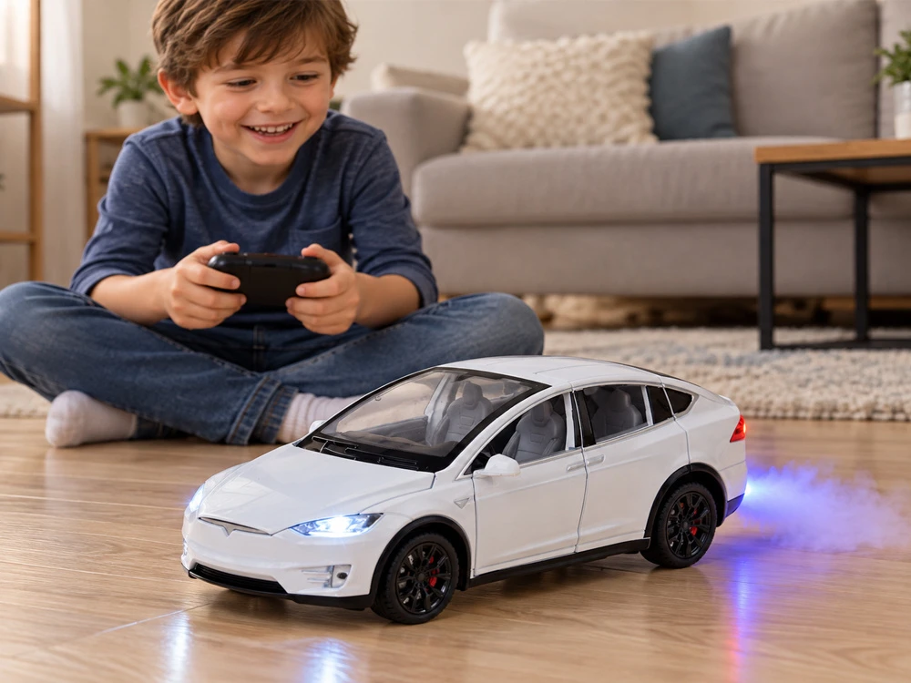 Jokomisiada Tesla Model X RC 1:22 Die-Cast Remote-Controlled Car with LED Lights and Smoke Effect RC0772