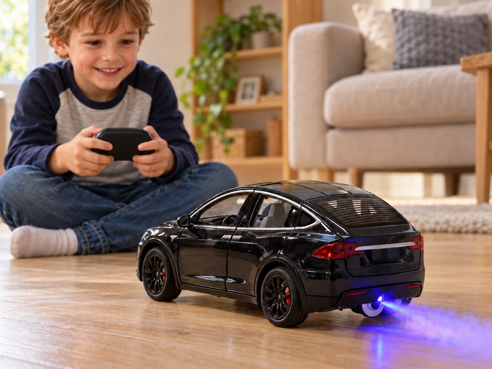 Jokomisiada Tesla Model X RC 1:22 Die-Cast Remote-Controlled Car with LED Lights and Smoke Effect RC0772
