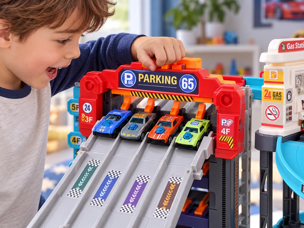 Jokomisiada Two-story car garage 4 in 1, launcher, parking, elevator, station + 8x vehicles ZA6353