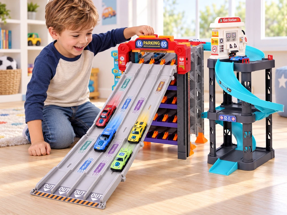 Jokomisiada Two-story car garage 4 in 1, launcher, parking, elevator, station + 8x vehicles ZA6353