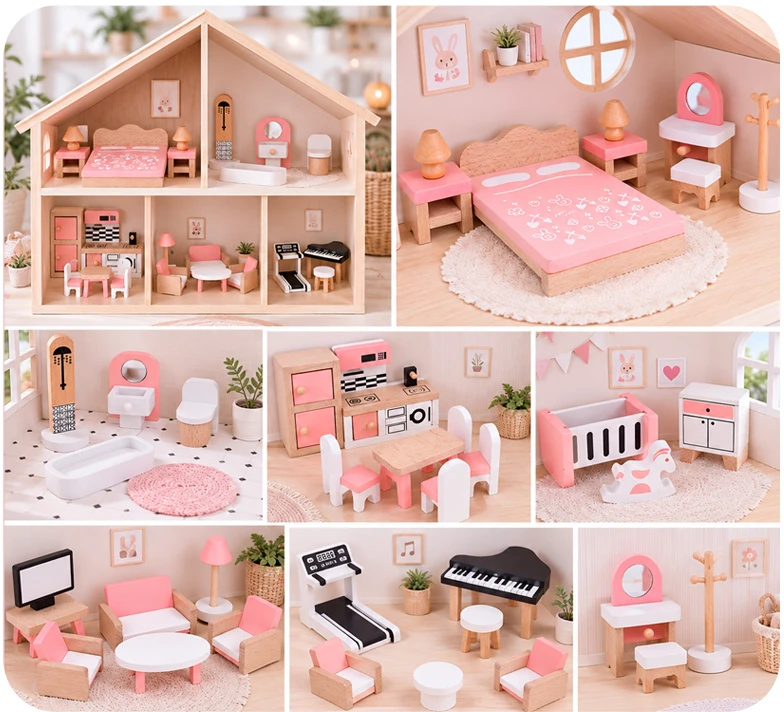 Jokomisiada Wooden Dollhouse Furniture, 34-Piece Home Furnishing Set ZA6358