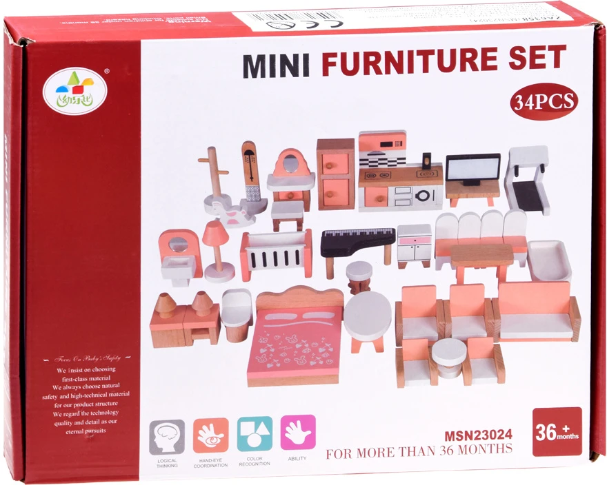 Jokomisiada Wooden Dollhouse Furniture, 34-Piece Home Furnishing Set ZA6358