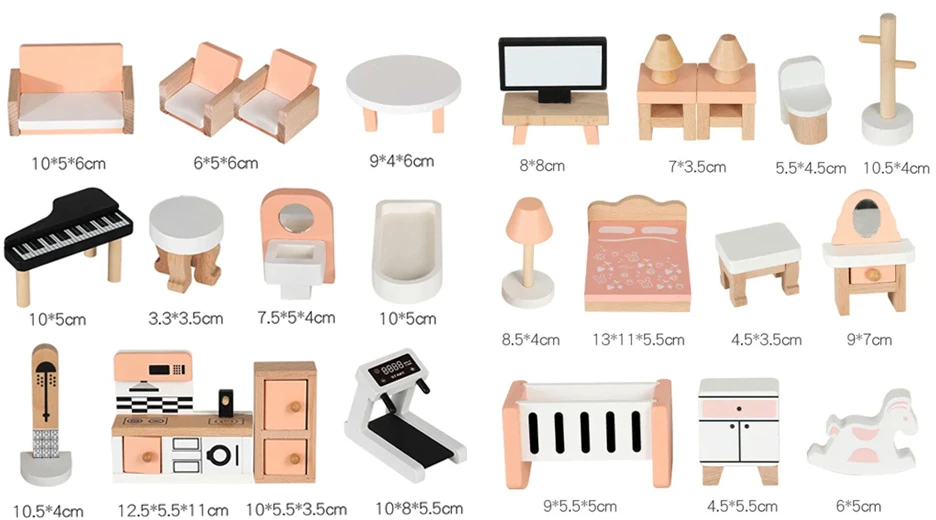 Jokomisiada Wooden Dollhouse Furniture, 34-Piece Home Furnishing Set ZA6358