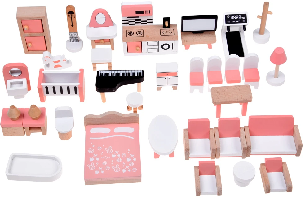Jokomisiada Wooden Dollhouse Furniture, 34-Piece Home Furnishing Set ZA6358