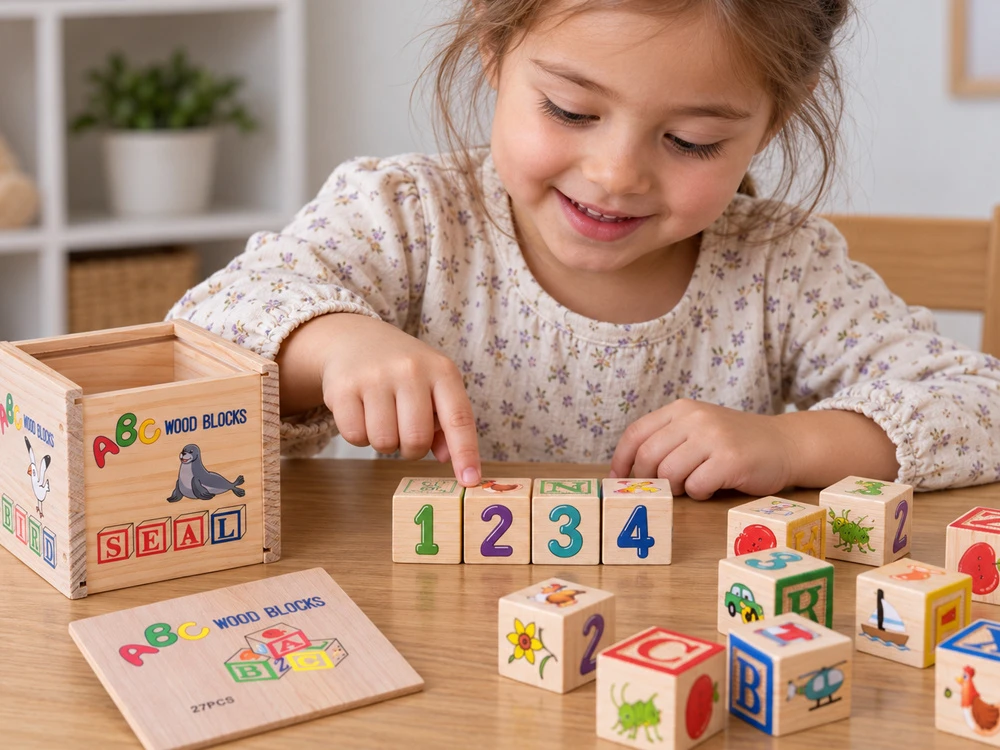 Jokomisiada Medinės lavinamosios kaladėlės – raidės, skaičiai ir paveikslėliai ALPHABET 27vnt. ZA6239