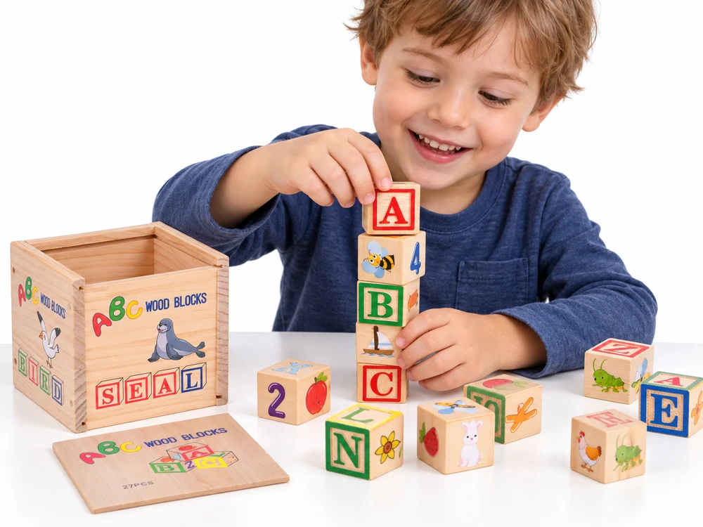 Jokomisiada Medinės lavinamosios kaladėlės – raidės, skaičiai ir paveikslėliai ALPHABET 27vnt. ZA6239