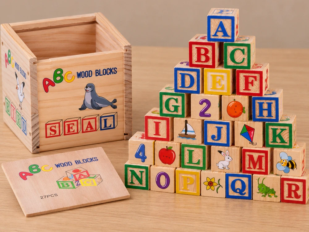 Jokomisiada Medinės lavinamosios kaladėlės – raidės, skaičiai ir paveikslėliai ALPHABET 27vnt. ZA6239