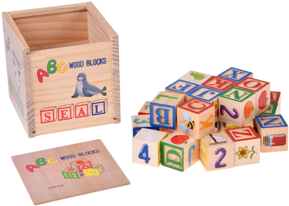 Jokomisiada Medinės lavinamosios kaladėlės – raidės, skaičiai ir paveikslėliai ALPHABET 27vnt. ZA6239