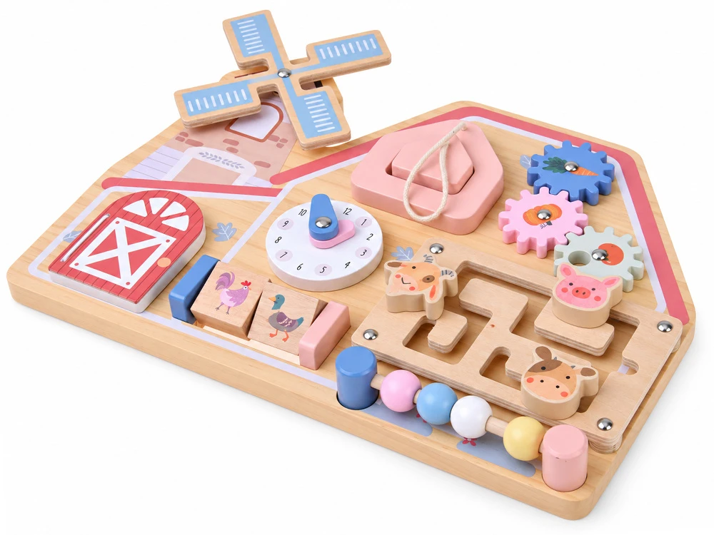 Jokomisiada Wooden Farm Busy Board – Sensory House with Animal Maze ZA6485