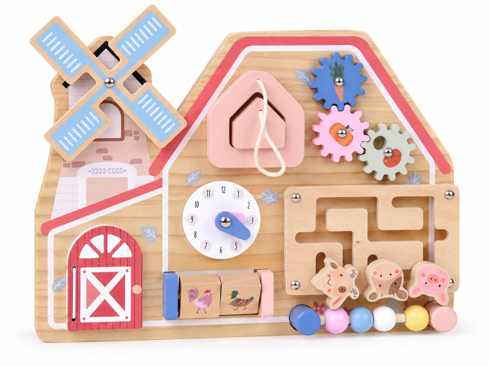 Jokomisiada Wooden Farm Busy Board – Sensory House with Animal Maze ZA6485
