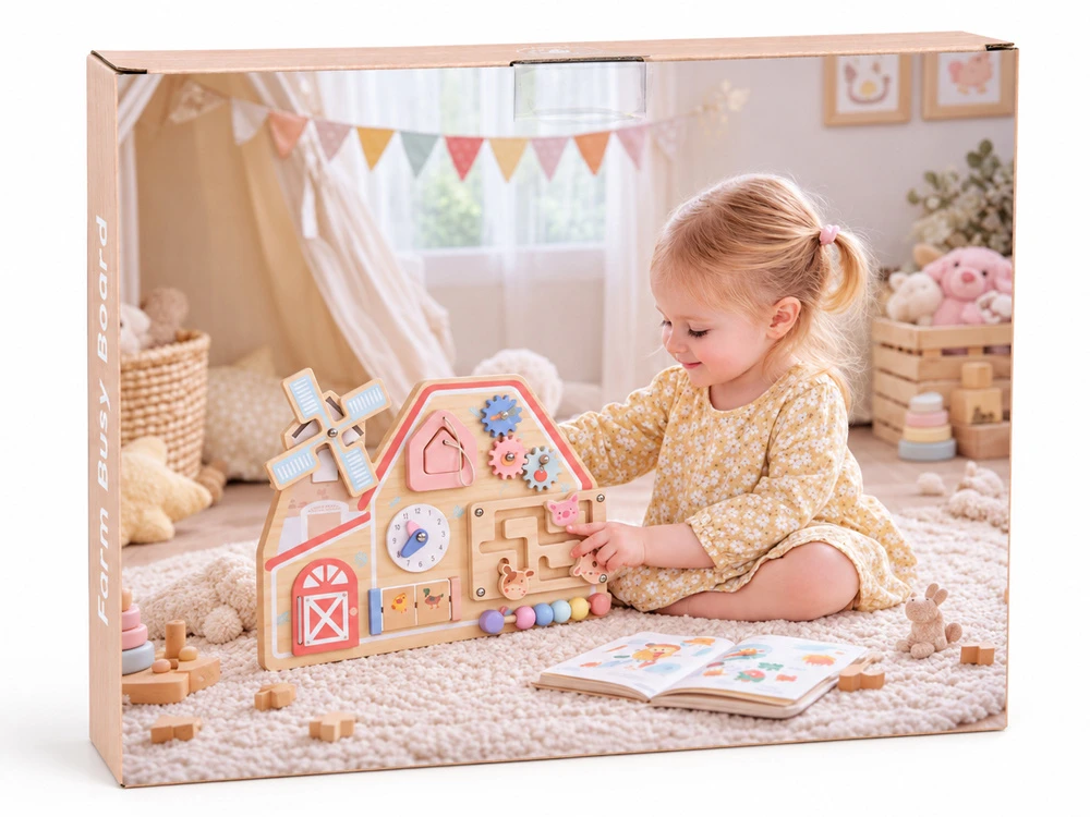Jokomisiada Wooden Farm Busy Board – Sensory House with Animal Maze ZA6485