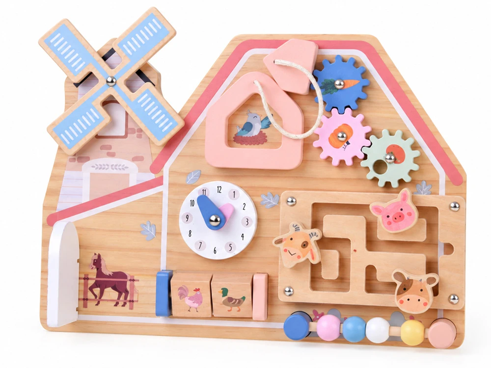 Jokomisiada Wooden Farm Busy Board – Sensory House with Animal Maze ZA6485