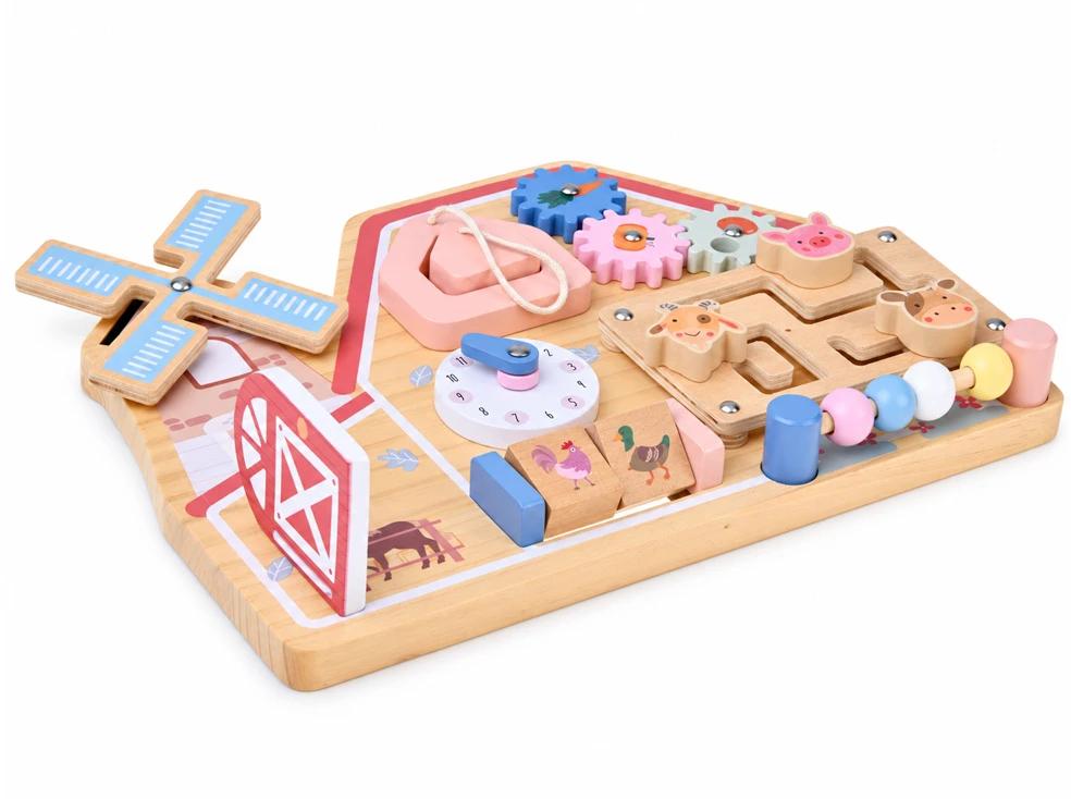 Jokomisiada Wooden Farm Busy Board – Sensory House with Animal Maze ZA6485
