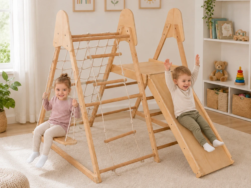 Jokomisiada Wooden Indoor Playground 4-in-1 Slide Climbing Net Ladder Swing SP0874